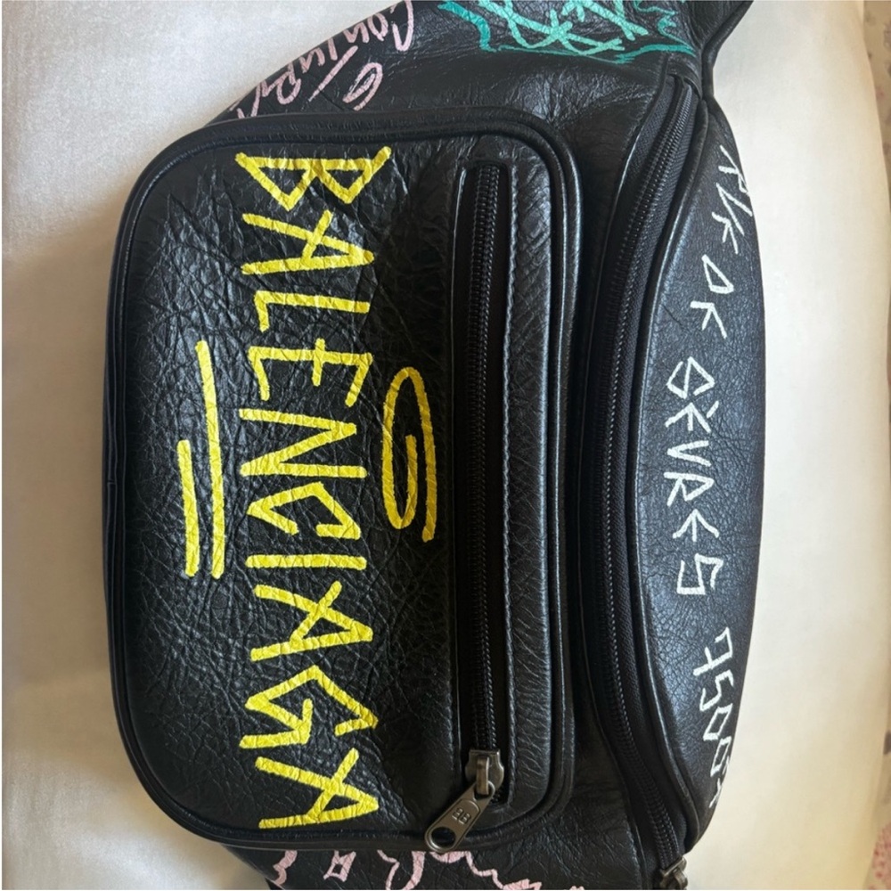 Balenciaga Black Belt Bag with graffiti accents